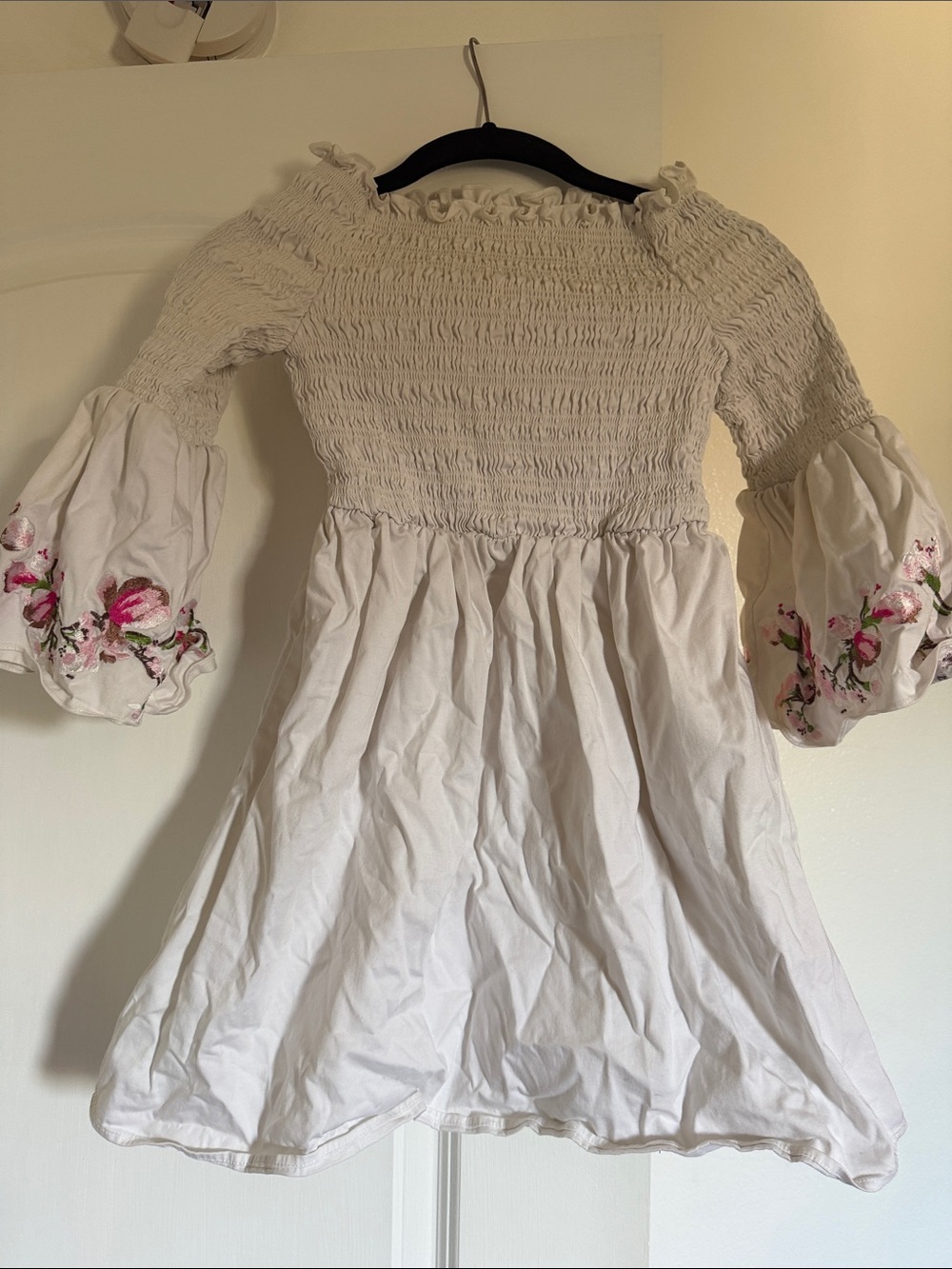 Women’s White Smocked Dress with Floral Sleeve Embroidery + Hidden Pockets